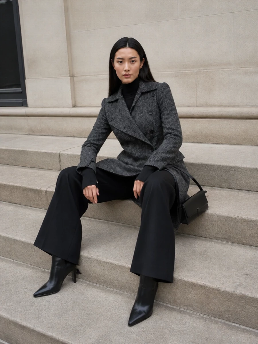 Courreges trench black wide leg trousers outfit