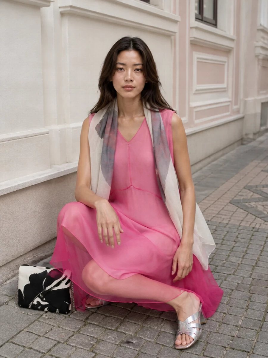 Dries van noten pink chiffon dress silver mules