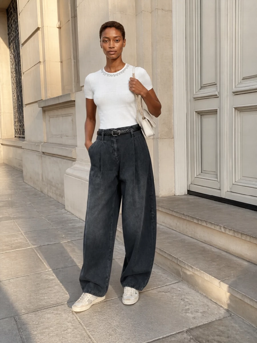 Golden goose crystal tee wide leg denim sneakers