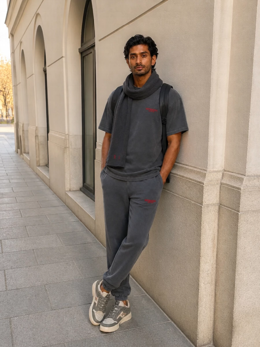 Represent charcoal joggers grey tee sneakers outfit