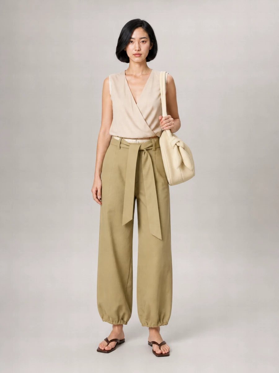 Soft neutrals and easy structure keep this pairing relaxed but considered, with the wrap tank echoing the trouser’s belt detail for a clean, cinched waist. Dark chocolate sandals ground the airy top and wide leg, while the buttercream tote keeps everything light and city ready. The result is a calm, utilitarian ensemble that moves from coffee runs to late afternoon plans without needing a change.