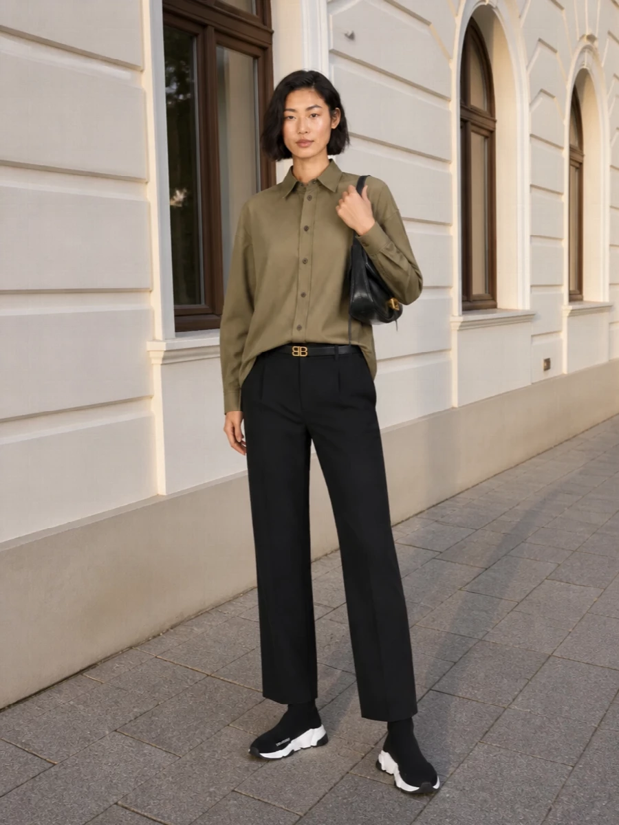 Balenciaga khaki shirt black tailored trousers