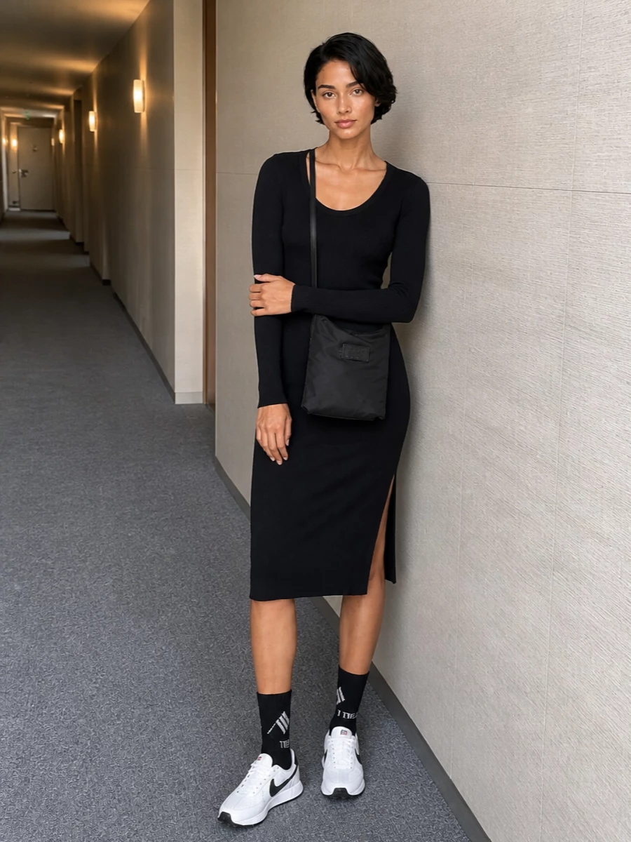 Nike black midi dress retro sneakers outfit