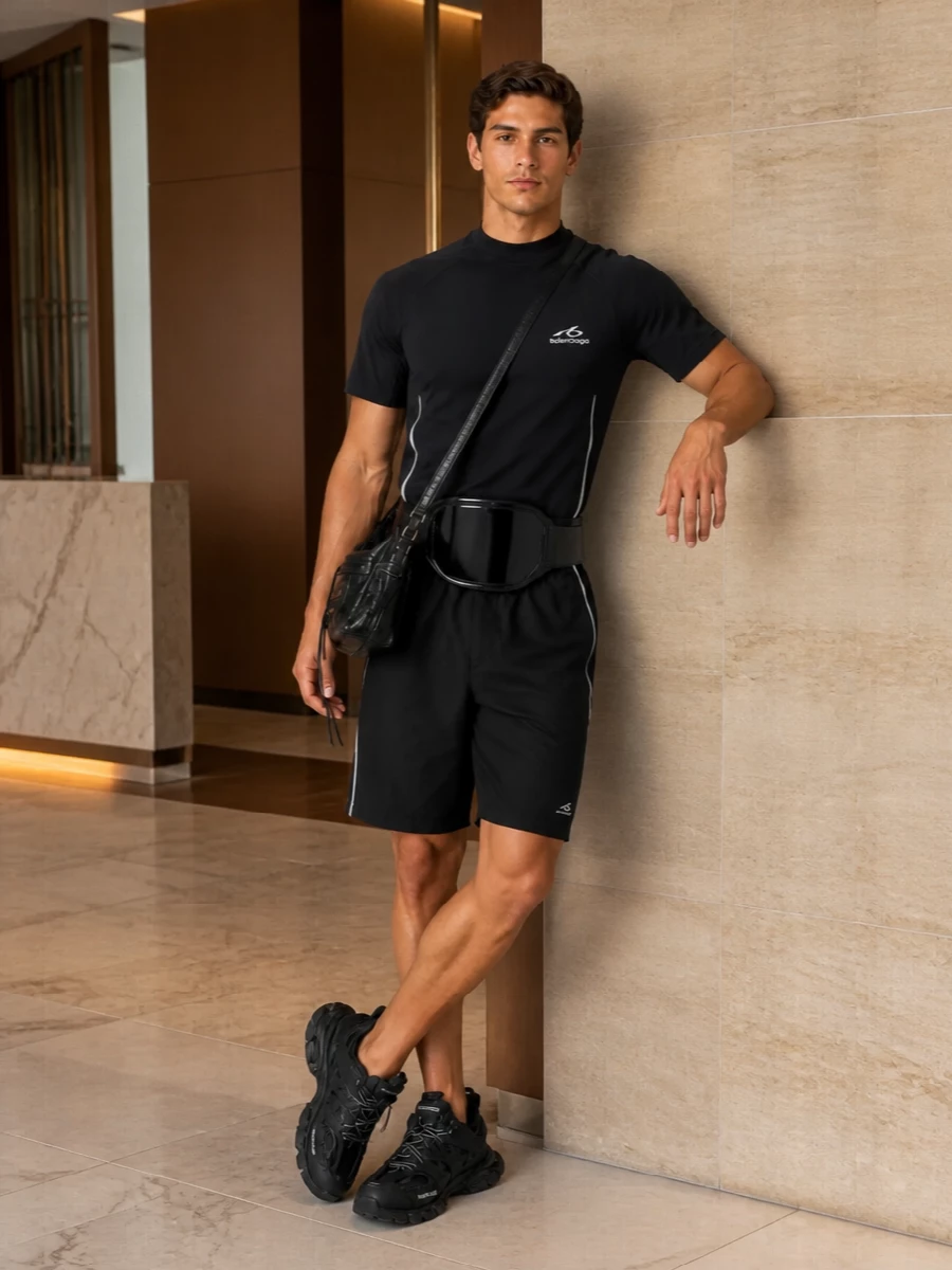 Balenciaga black track shorts technical sneakers