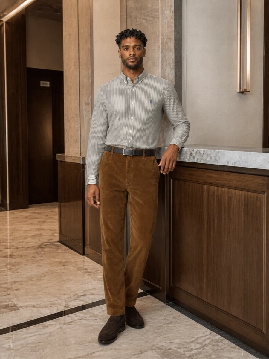 A striped Oxford shirt meets caramel corduroy trousers for a polished, collegiate take on smart casual. Dark brown suede loafers and a structured leather briefcase keep the mood discreetly refined, while the slim belt sharpens the waist and ties the story together. Ideal for office days that run straight into dinner in the city.