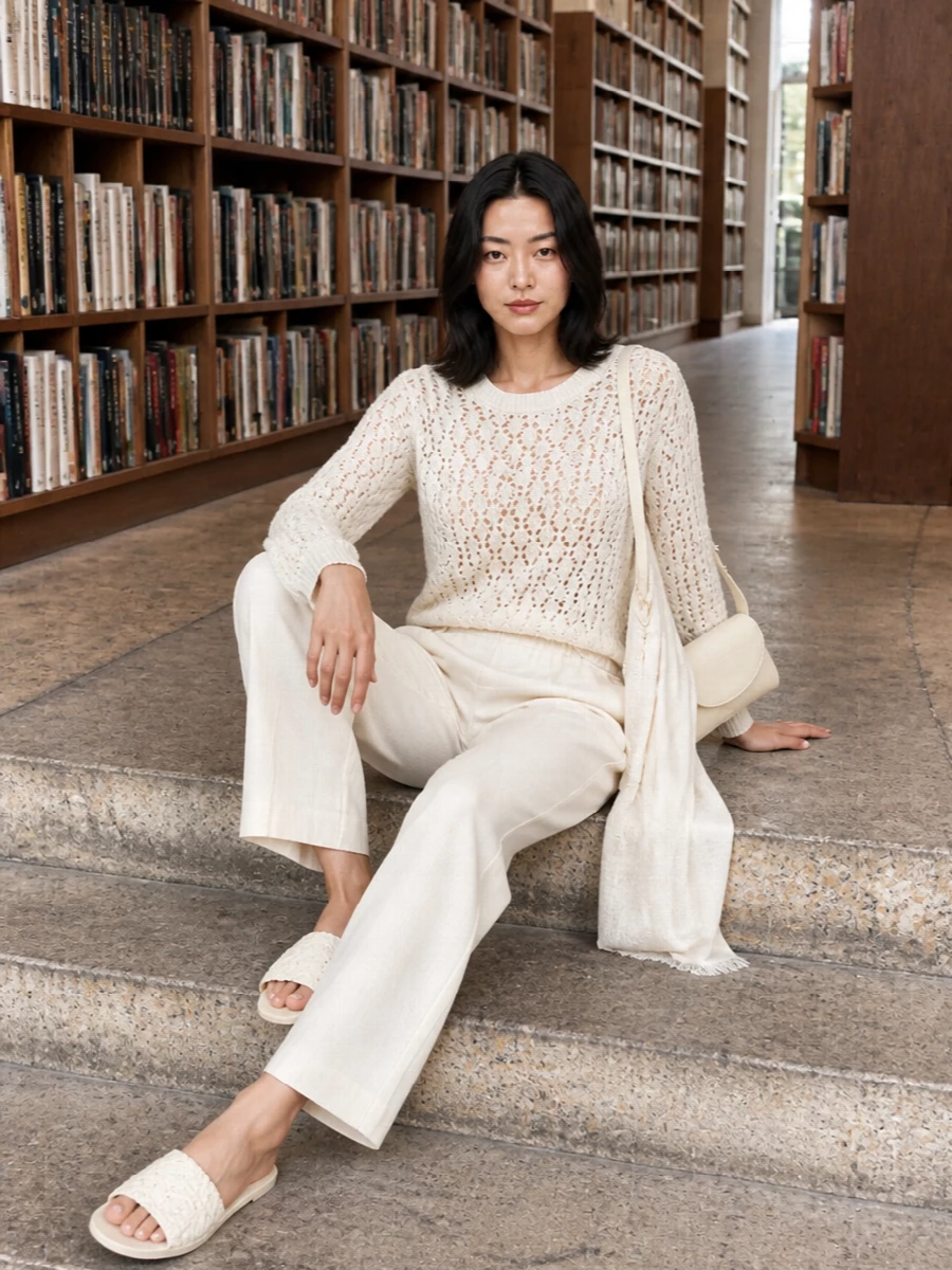 An ivory open-knit jumper pairs with fluid straight-leg trousers in the same soft tone for a calm, elongated column of color. Cream crochet slides and a slender buttercream shoulder bag keep the mood relaxed yet precise, with a whisper-light neutral scarf as an optional layer that adds softness rather than detail. The result is an easy warm-weather outfit that feels quietly romantic while staying clean and minimal.