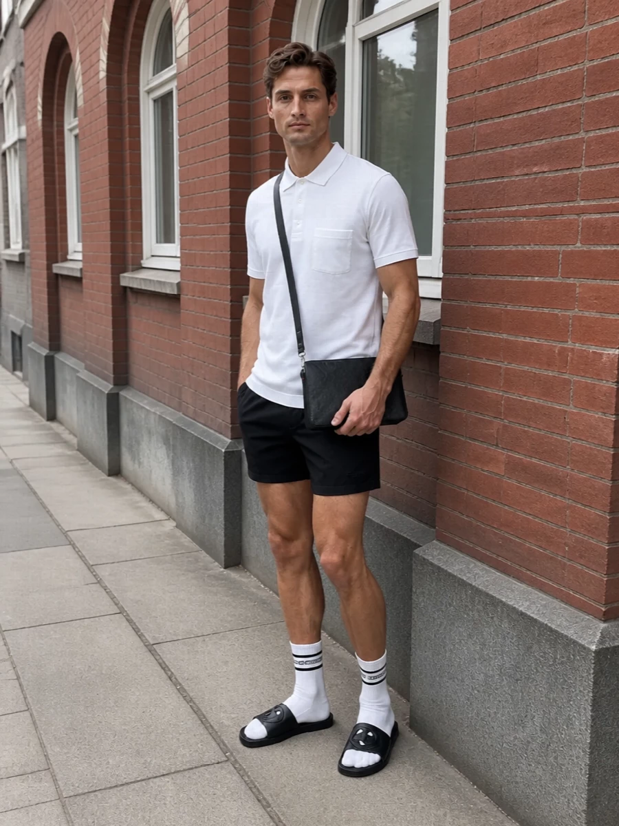 Gucci black swim shorts white polo slides