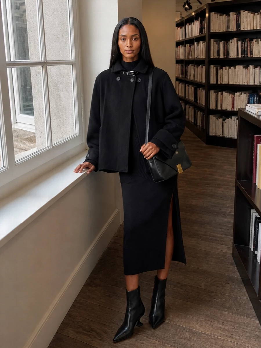 Lanvin black coat knit midi dress outfit