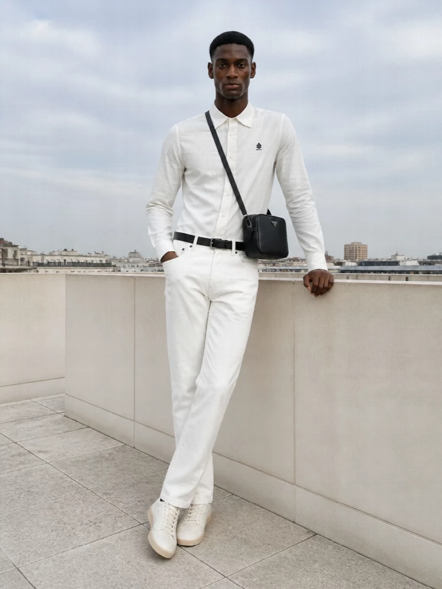 Prada off white jeans cream sneakers outfit