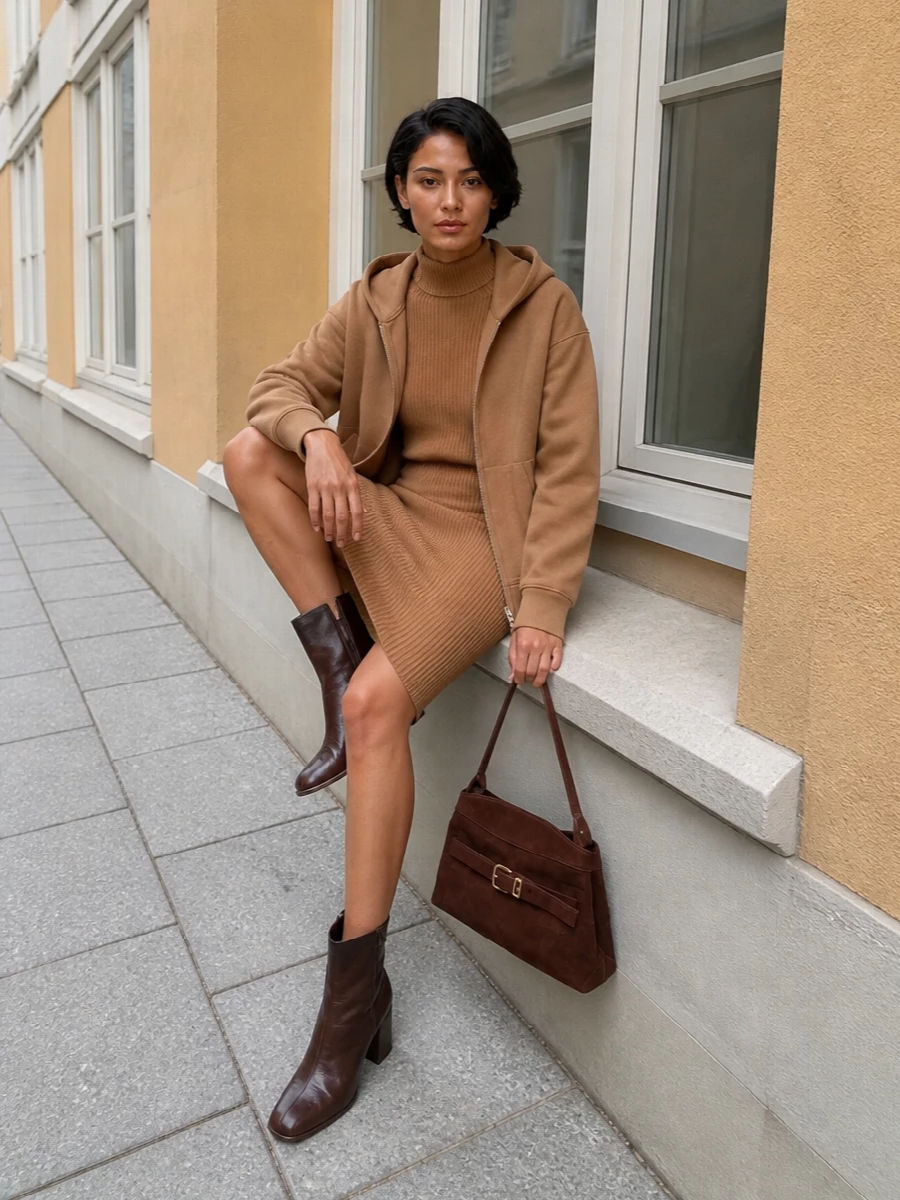 I’m building this around the dress route so the hoodie can stay outerwear and you get that effortless knit column under a soft, sporty shell. The camel sweater dress and ombré ankle boots create a warm vertical line, then the structured chocolate bag adds texture and polish without breaking the neutral story. It is an off-duty city uniform that feels calm, tactile and quietly expensive.