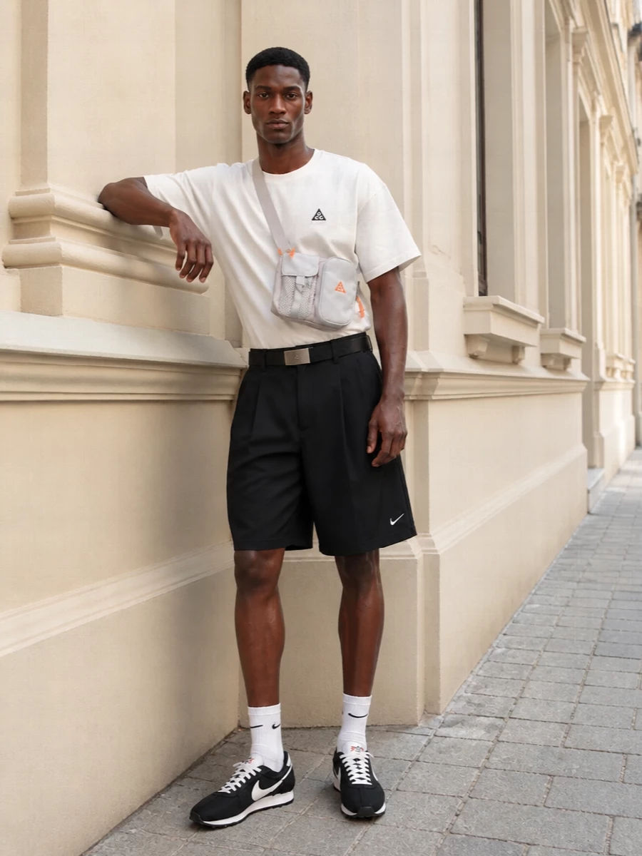 Nike black tailored shorts white acg tee outfit