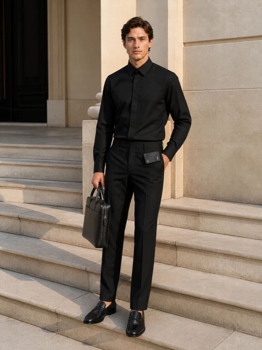 A study in restrained tailoring, this outfit runs a black-on-black line from concealed-placket shirt to straight-leg trouser and sculpted loafers, with the Saint Laurent cardholder as a quiet accent. The Ferragamo briefcase keeps everything structured and minimal, so the whole composition reads considered, urbane and ready for long city days that lead straight into dinner.