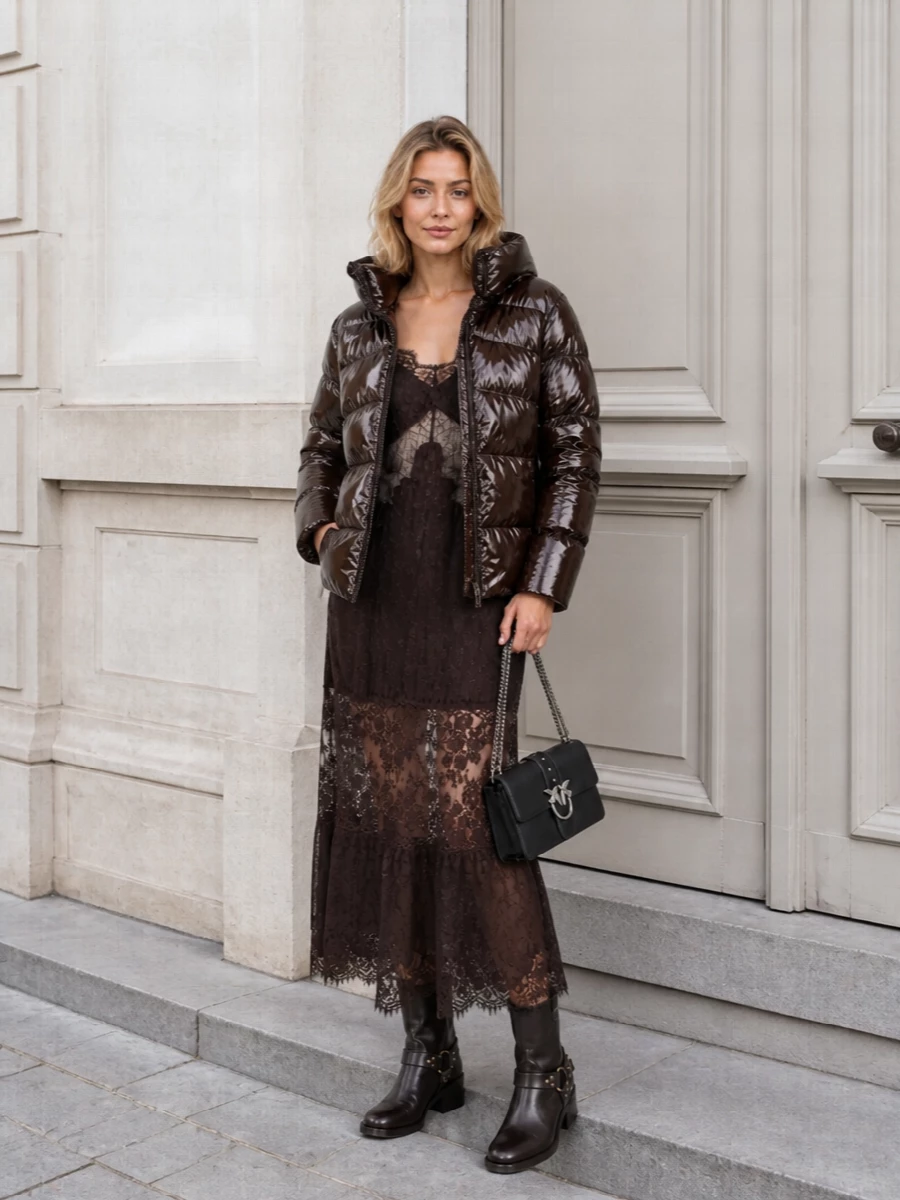 Pinko puffer lace slip dress moto boots