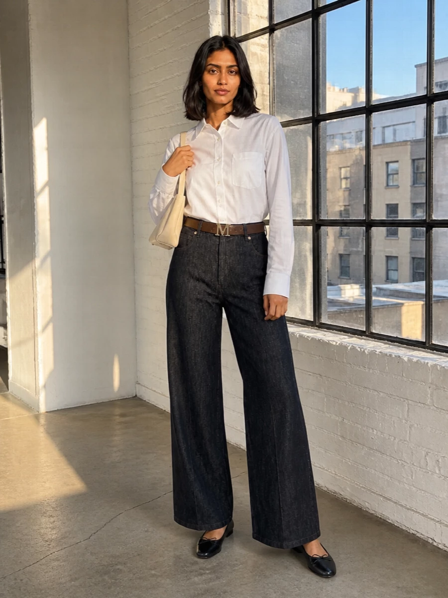 S max mara wide leg jeans white shirt outfit