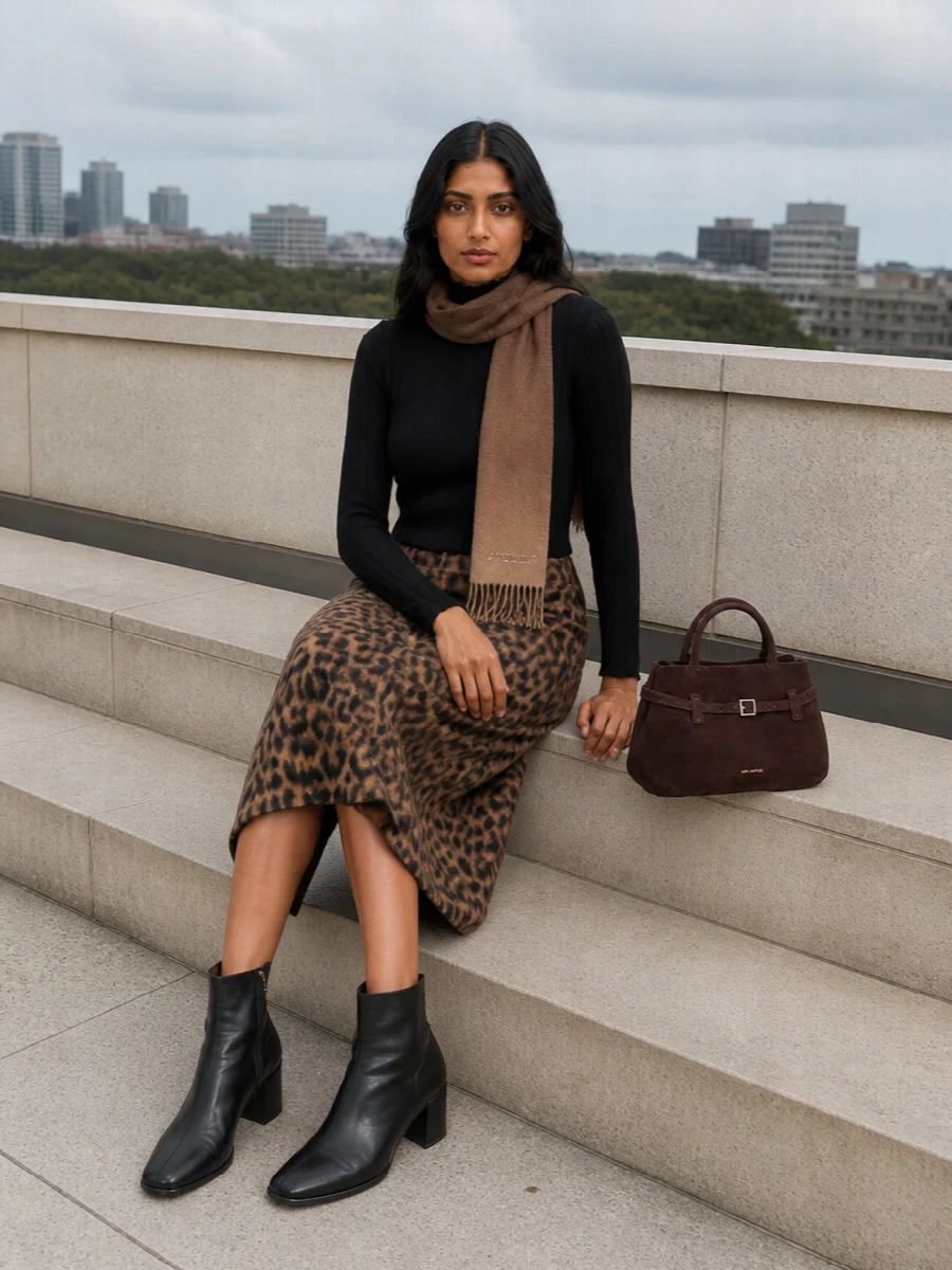 Alysi leopard midi skirt black knit boots
