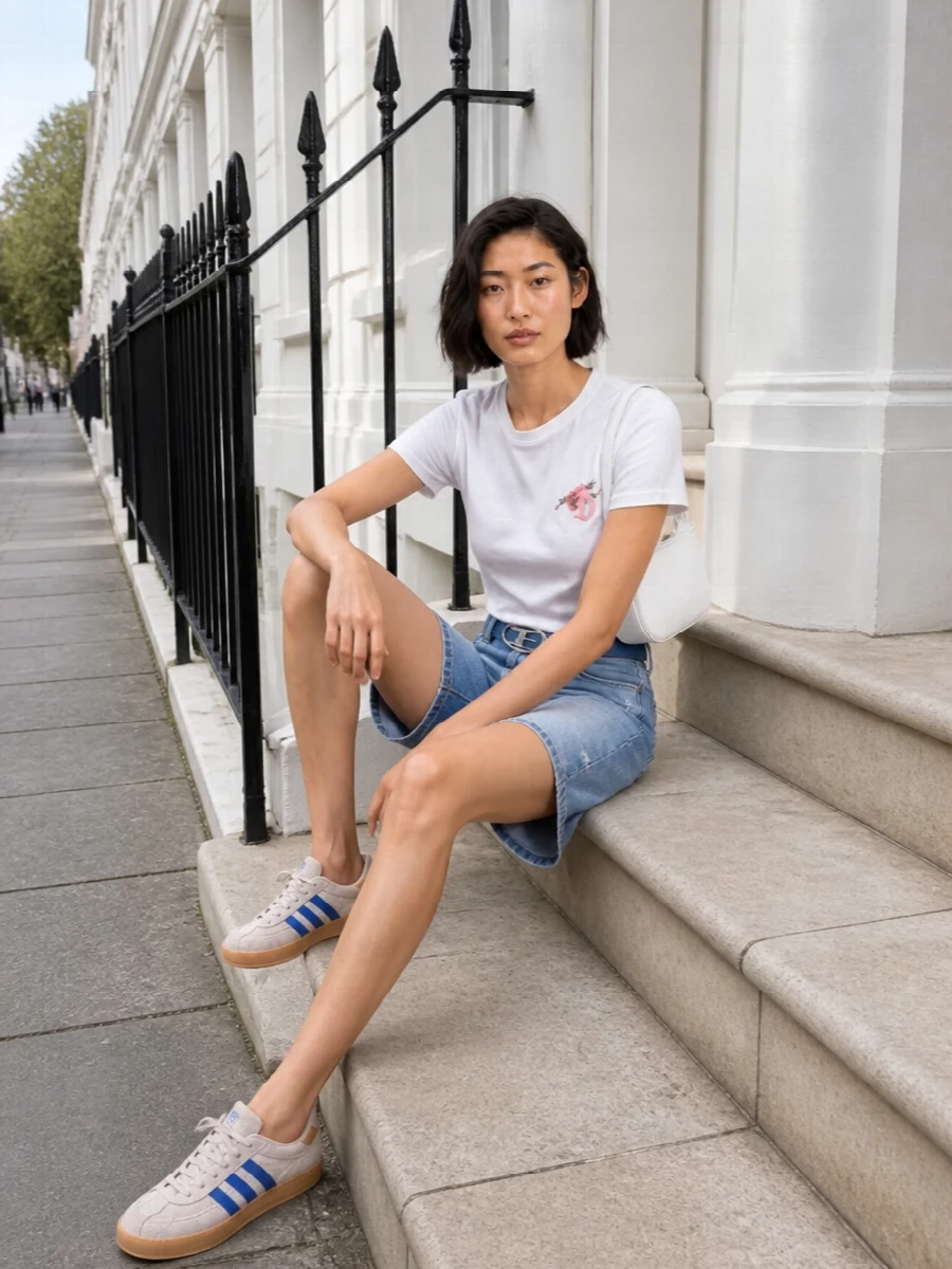 Diesel denim shorts white tee adidas sneakers