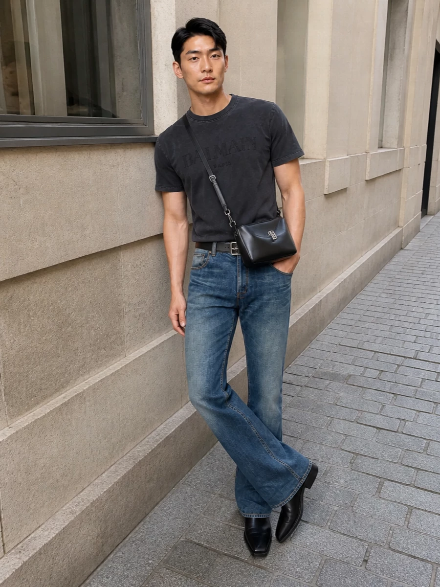 Balmain flared jeans tee balenciaga crossbody