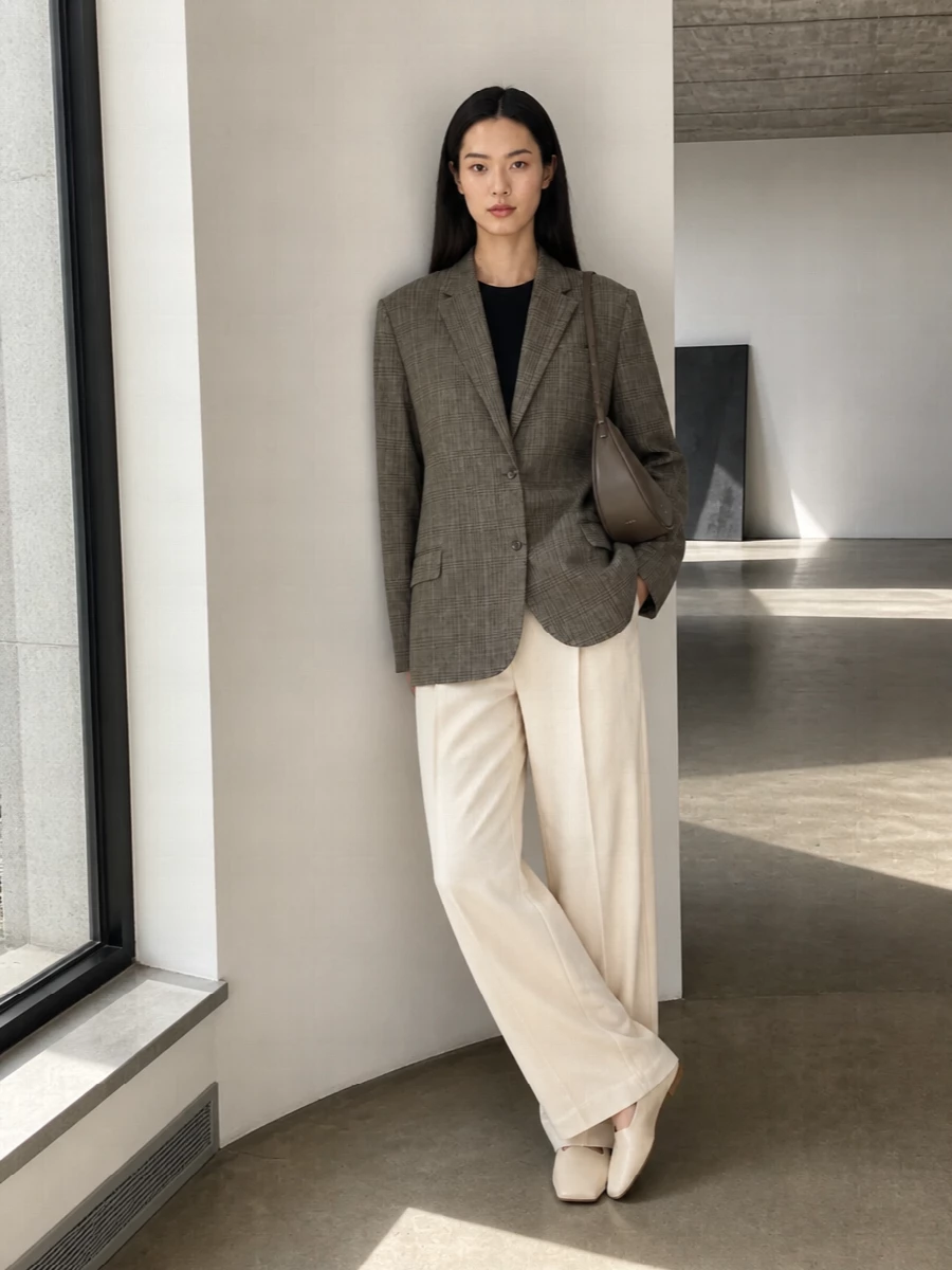 A softly structured checked blazer meets light beige wide-leg tailoring for a clean, elongated silhouette that feels precise but unfussy. Buttercream flats keep the mood calm and grounded, while a taupe crescent bag adds just enough sculptural detail without disturbing the minimalist palette. The result is quiet, modern tailoring that moves easily from daytime meetings to understated dinners.