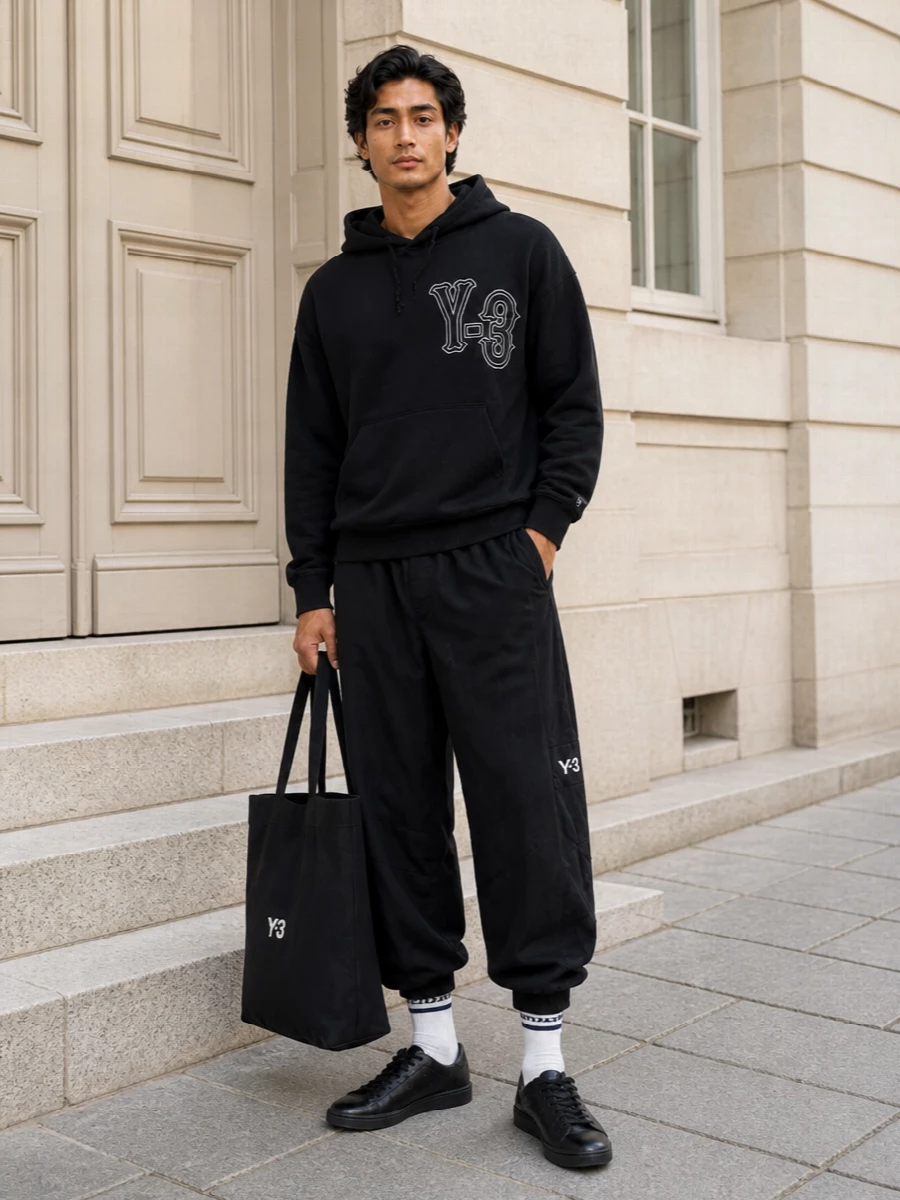 All-black Y-3 separates keep this grounded in clean, graphic streetwear, with the cropped track pant echoing the hoodie’s relaxed attitude. A low-profile leather sneaker and logo tote keep the lines sharp while the contrast socks add just enough lightness at the ankle. It is built for city days when you want sport comfort that still feels deliberate and minimal.