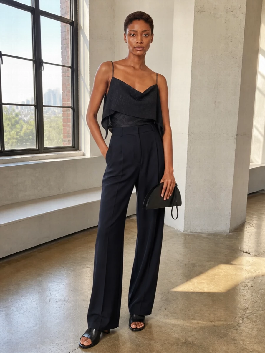 Ink-black drapery on top falls into a clean navy wide-leg column, giving a long, quiet silhouette that still feels directional after dark. The sculptural black mules and half-moon clutch keep everything graphic and minimal, with a small silk square as the only soft accent. It is the kind of monochrome pairing that reads considered without ever looking overworked, ideal for gallery openings and late city dinners.