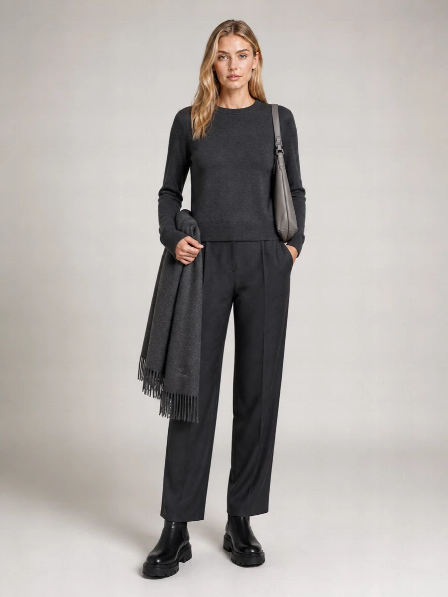 The Frankie Shop Wool Cashmere Oversized Shoulder Pad Crew Neck Ribbed Hem Sweater