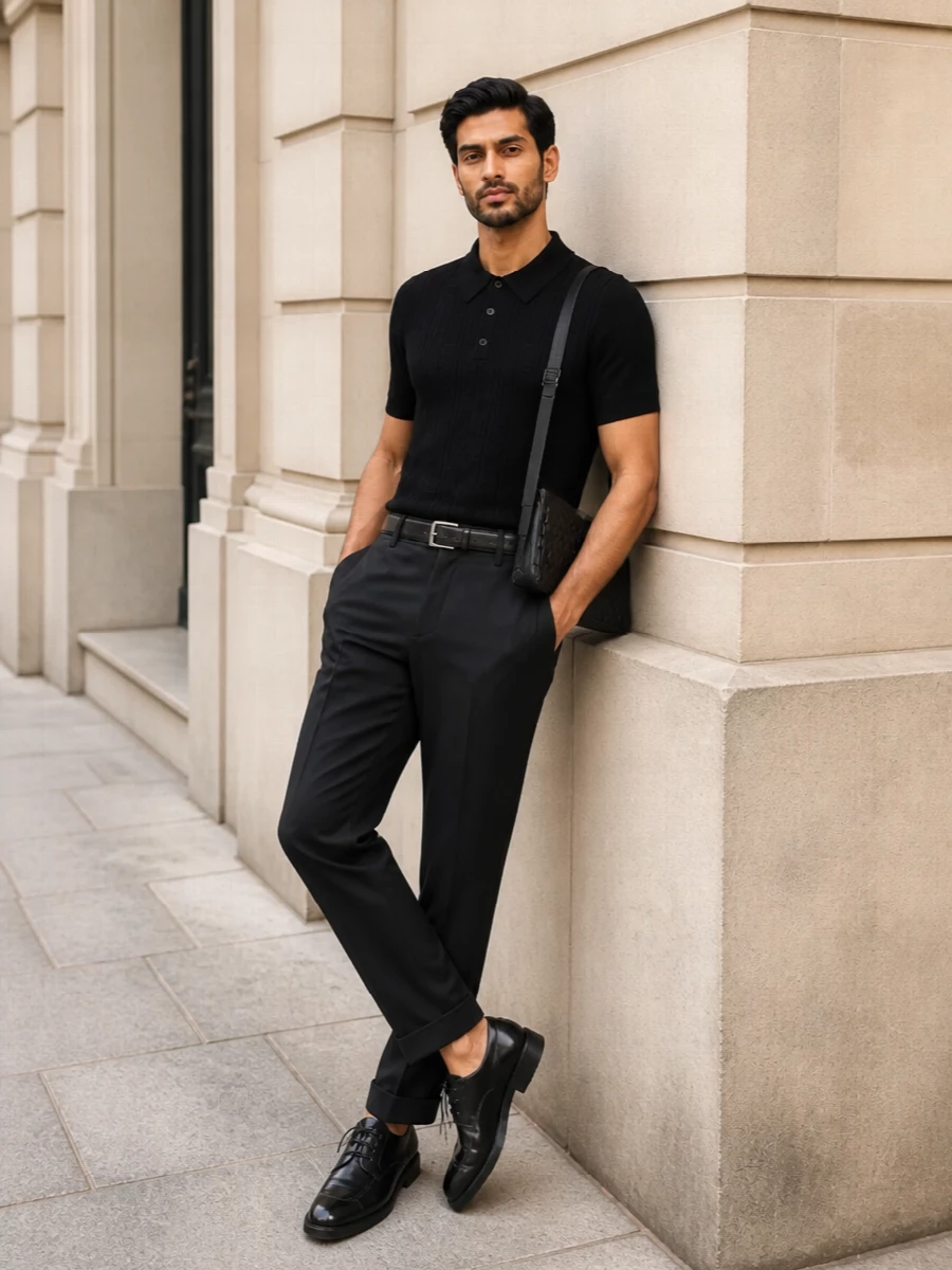 Balmain knit polo black tailored trousers outfit