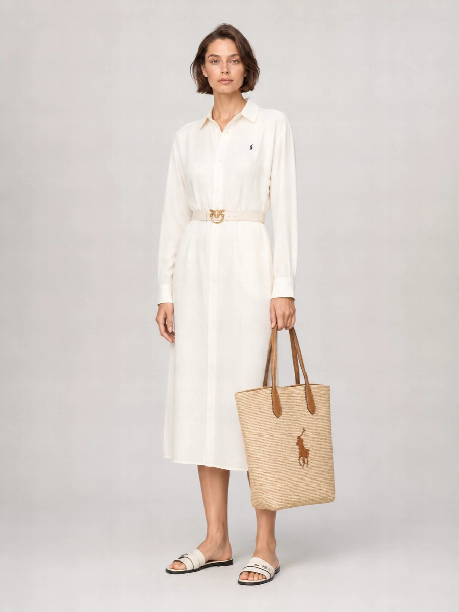 Polo Ralph Lauren Linen Blend Long-Sleeve Shirt Midi Dress