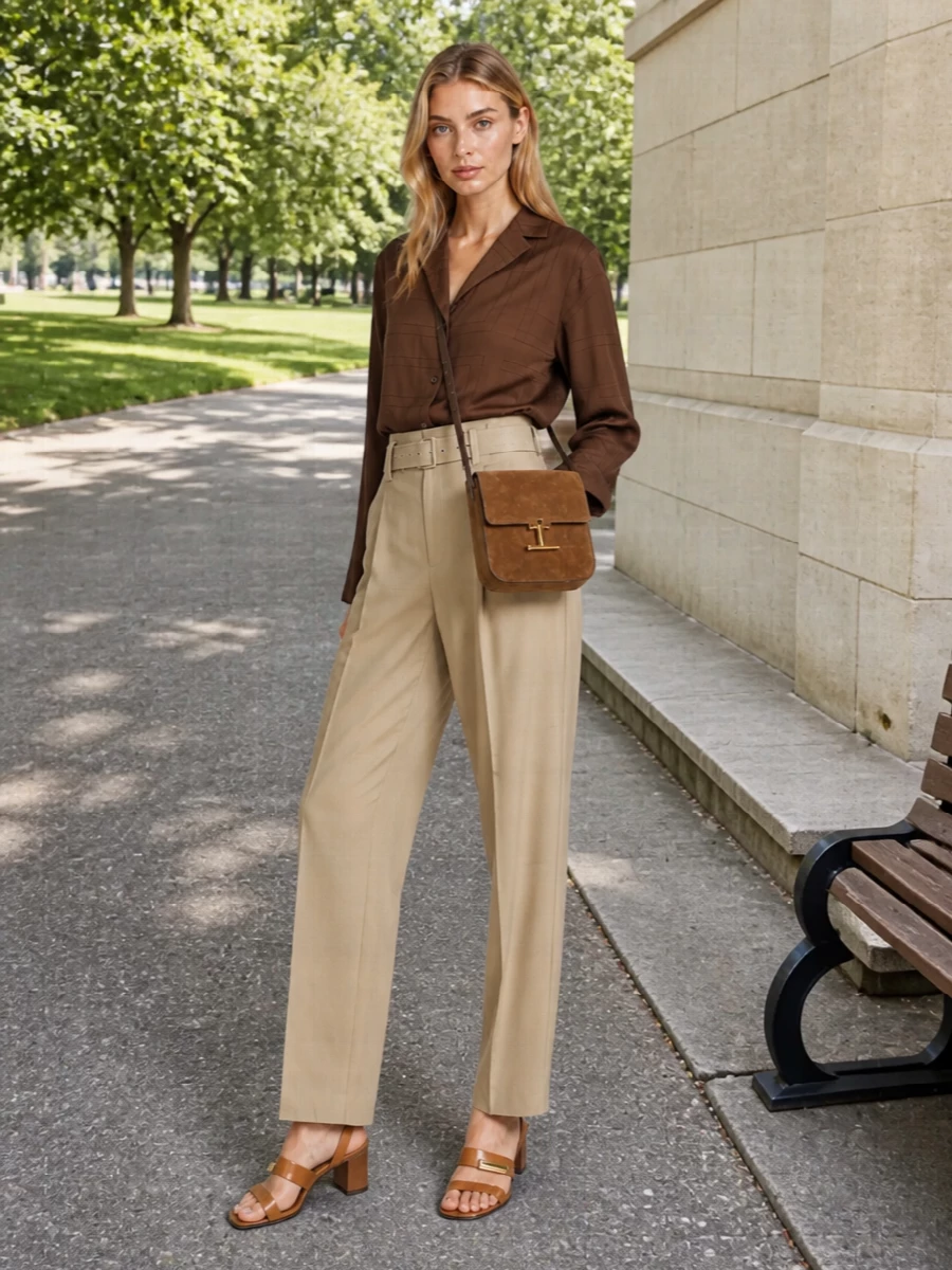 A sand Bottega trouser and fluid chocolate Totême shirt frame the Tom Ford suede cross-body in a warm, tonal palette that feels quietly assured. The high waist and relaxed, boxy top create a long, modern line, while tan Tod’s sandals keep the mood polished yet easy for city days that slip discreetly into dinner. This route leans into the bag’s own language of subtle tailoring and neutrals rather than competing with a dress silhouette.