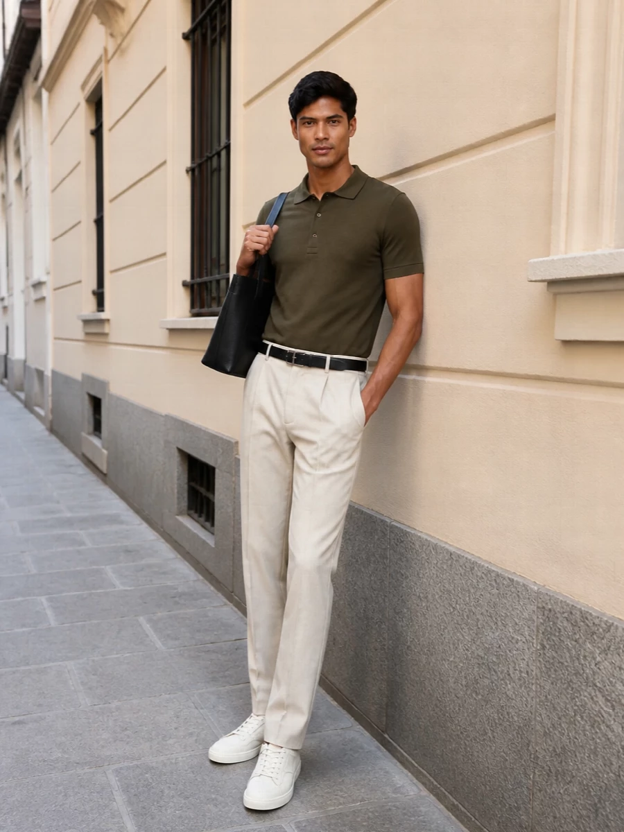 Tom ford olive polo beige tailored trousers outfit