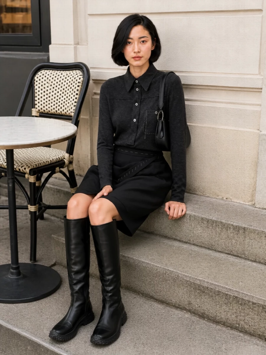 Here the Margiela hybrid shirt dress meets the sculpted Miu Miu knee boots for a quietly assertive city uniform, all in charcoal and black. The knit-into-technical construction echoes the boots’ practical edge, while the hem skims the top of the shaft so the boots read intentional rather than afterthought. A compact crescent shoulder bag finishes the line, keeping everything close to the body and ready for long, cold days that run straight into late dinners.