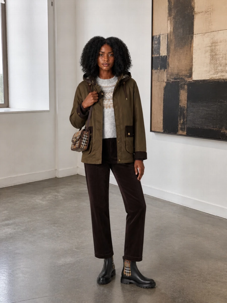 Barbour wax jacket fair isle knit corduroy pants