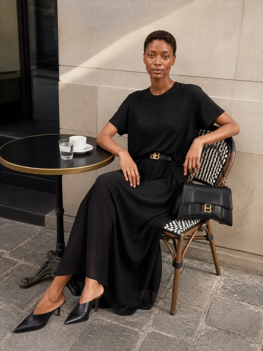 Balenciaga’s layered maxi dress is grounded with a razor sharp pointed mule, keeping the silhouette long and fluid but distinctly city bound. A sculpted black top handle bag and slim gold buckle belt introduce just enough structure and metal to feel intentional while preserving the monochrome, quietly subversive mood. The result is an easy black column that reads considered from early drinks through late night art openings without needing extra fuss.