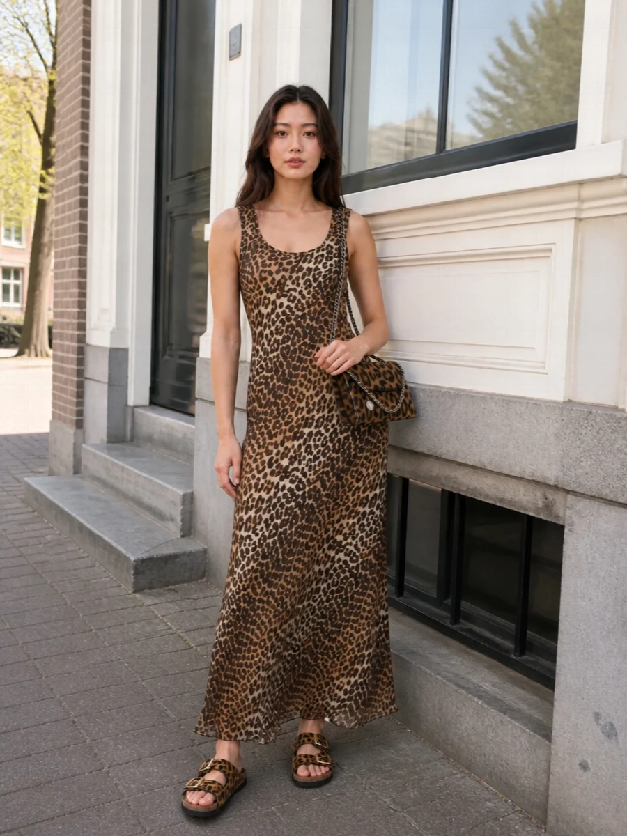 Ganni leopard maxi dress stella mccartney bag