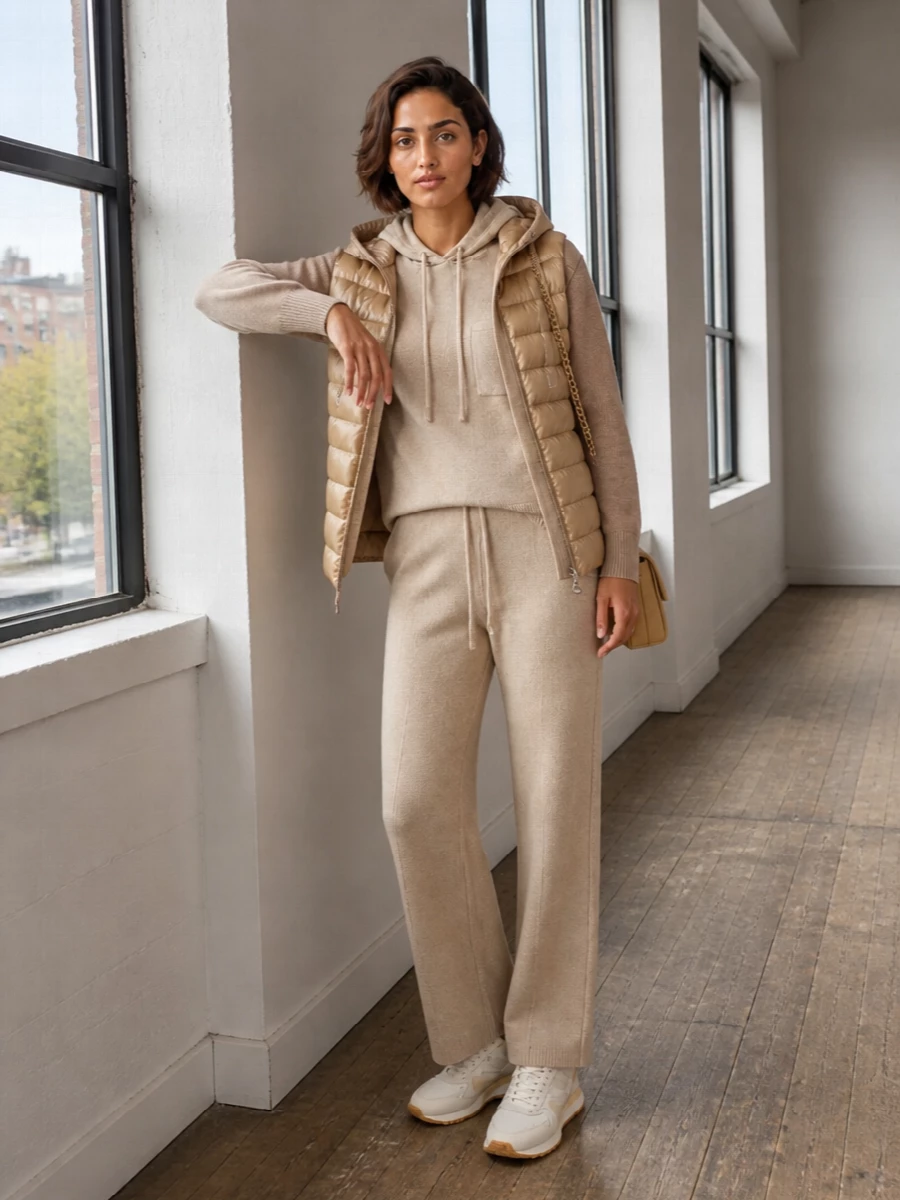 I am building around separates rather than a dress so the Herno hybrid puffer can stay the hero and the outfit can lean fully into tonal, off-duty city comfort. The Max Mara knit hoodie and S Max Mara track pants create a soft, camel-beige column that feels polished but relaxed, while the Woolrich runners and Pinko flap bag keep the mood neutral and refined rather than overtly sporty. The result is a quiet-luxury travel-ready ensemble that reads considered from head to toe without feeling precious.