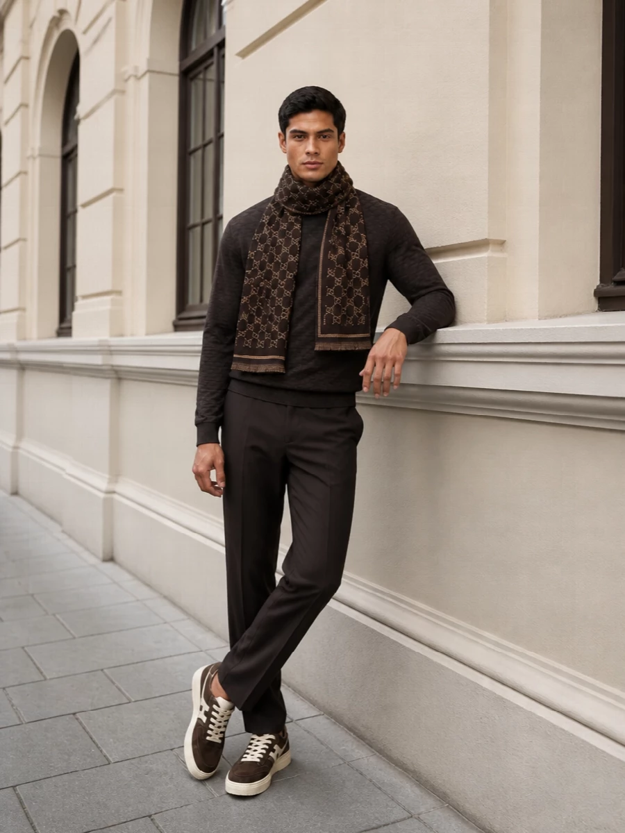 This is a restrained winter city ensemble built around rich chocolate browns and subtle texture that let the Gucci scarf sit confidently without visual noise. Armani knitwear and Fendi tailoring set a polished foundation, while Hogan sneakers and a pared-back Givenchy bag keep the mood modern, relaxed and quietly assured. It is the kind of outfit that reads considered from boardroom corridor to dinner reservation without ever feeling over-styled.