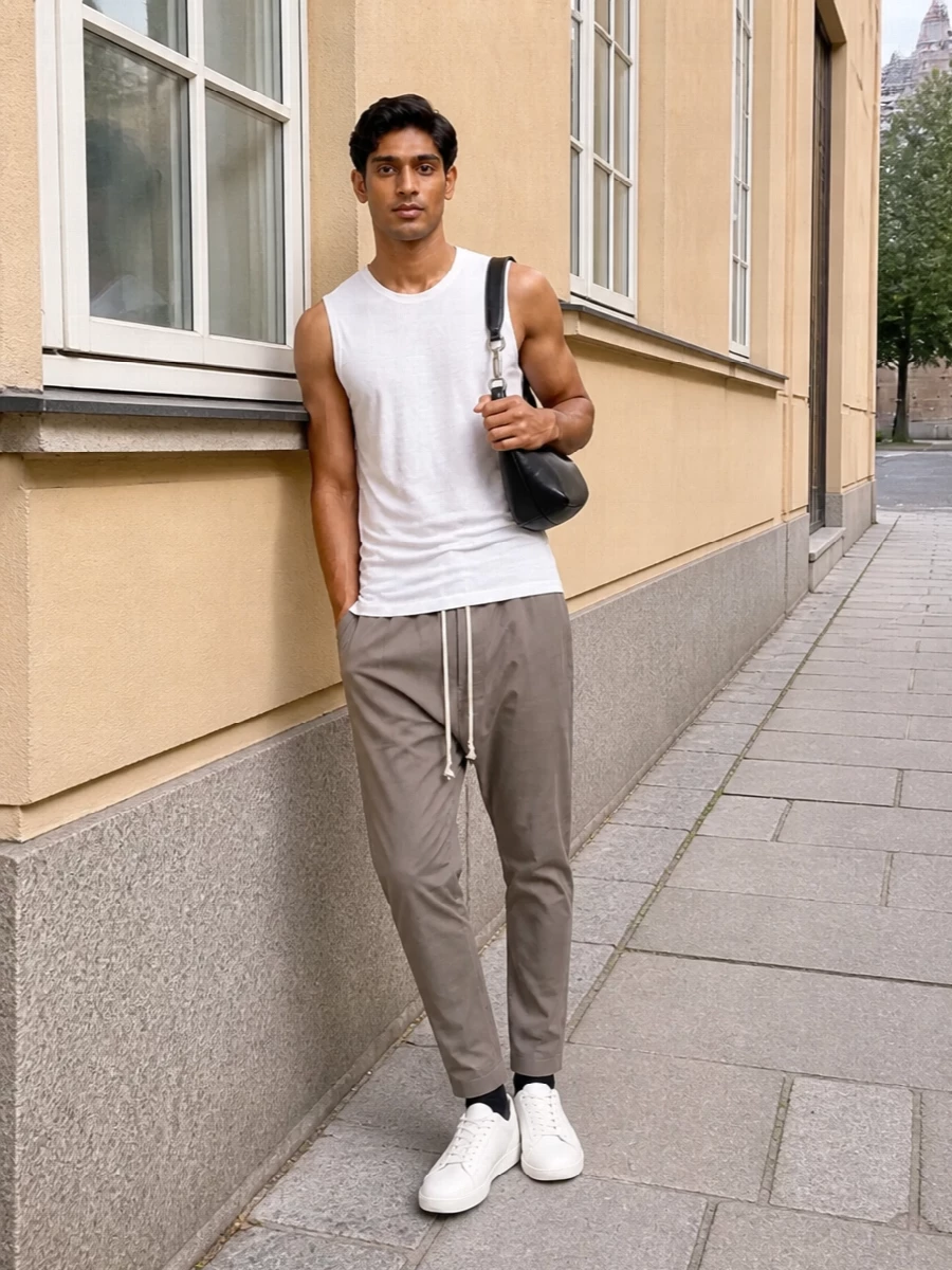 A longline white tank sits over taupe drop-crotch trousers for a calm, elongated take on Rick’s streetwear uniform. Soft white low-top sneakers keep the lines clean and precise, while a sculptural black shoulder bag and discreet tabi socks nod to the darker edge without overwhelming the light, quiet palette. The result is a warm-season city uniform that feels relaxed, directional and deliberately understated.