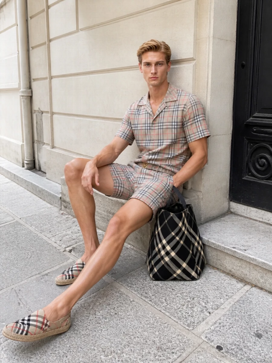 Burberry check camp collar shirt swim shorts outfit
