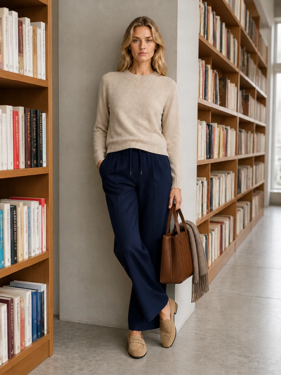 Max mara navy wide leg pants beige sweater outfit