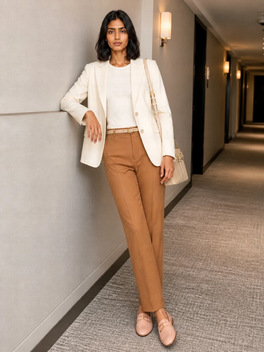 Pinko camel trousers ivory blazer outfit