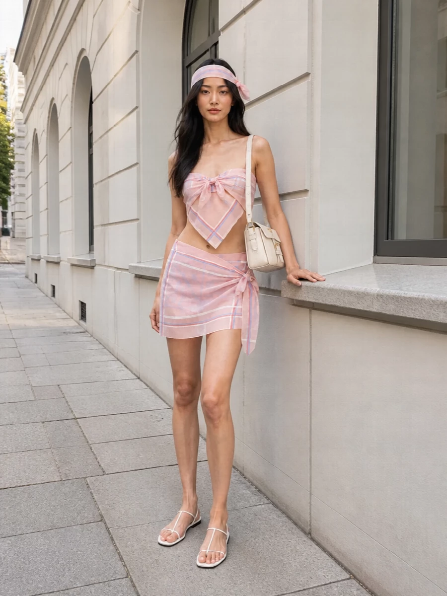Prada pastel scarf top wrap skirt outfit