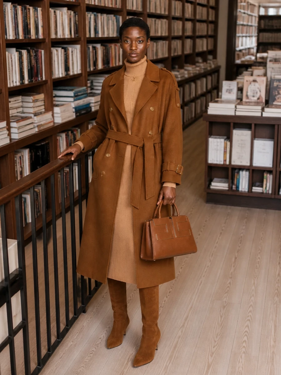 Elisabetta franchi camel trench knit midi outfit