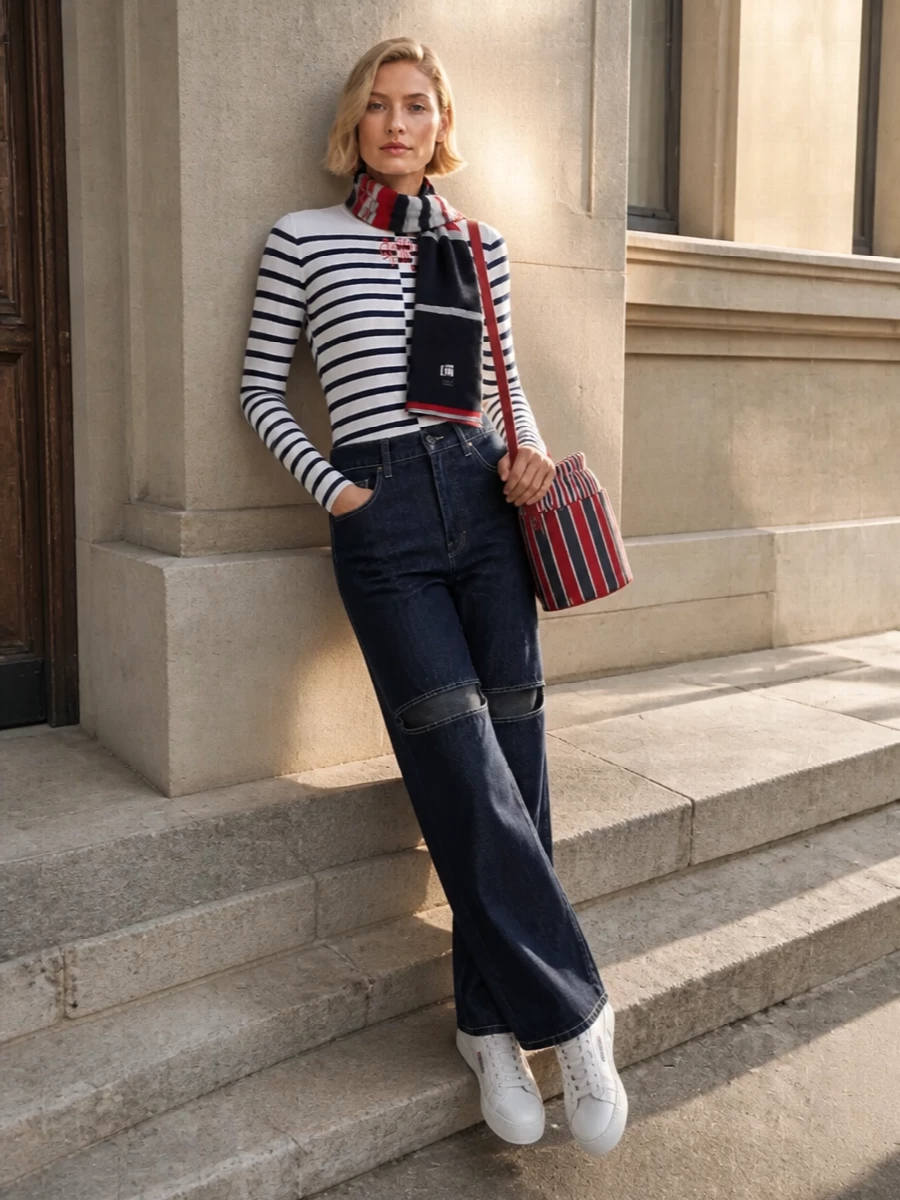 Gaultier striped top wide leg jeans sneakers