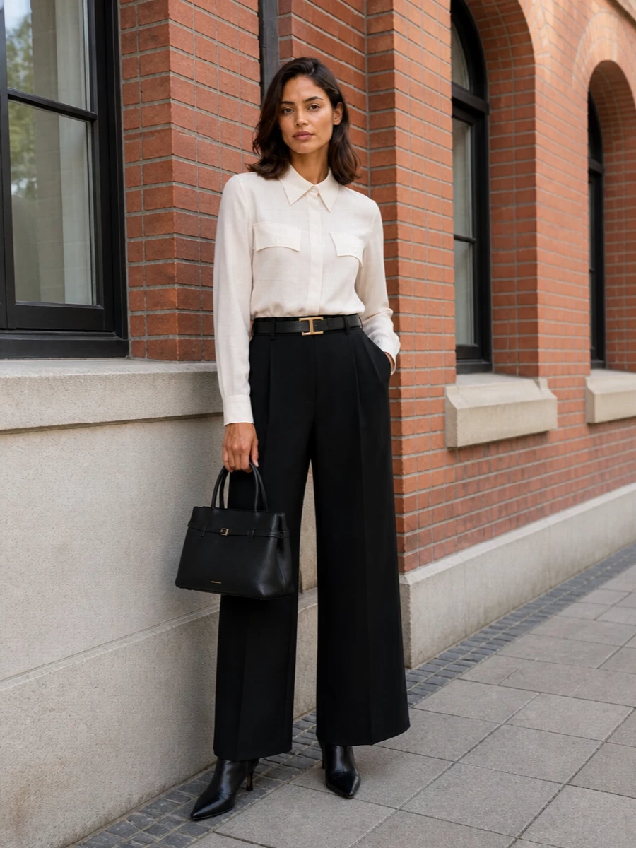 A high-waisted black wide leg paired with a fluid ivory shirt creates a crisp, long line that feels composed from meeting to late dinner. The pointed black ankle boot and slim belt sharpen the proportions without shouting, while a structured top handle in black leather keeps everything firmly in the quiet luxury camp. It is a precise, monochrome palette with just enough gold hardware to read intentional rather than austere.