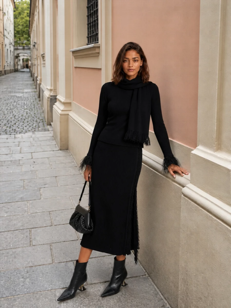 Boss feather knit emporio armani midi outfit