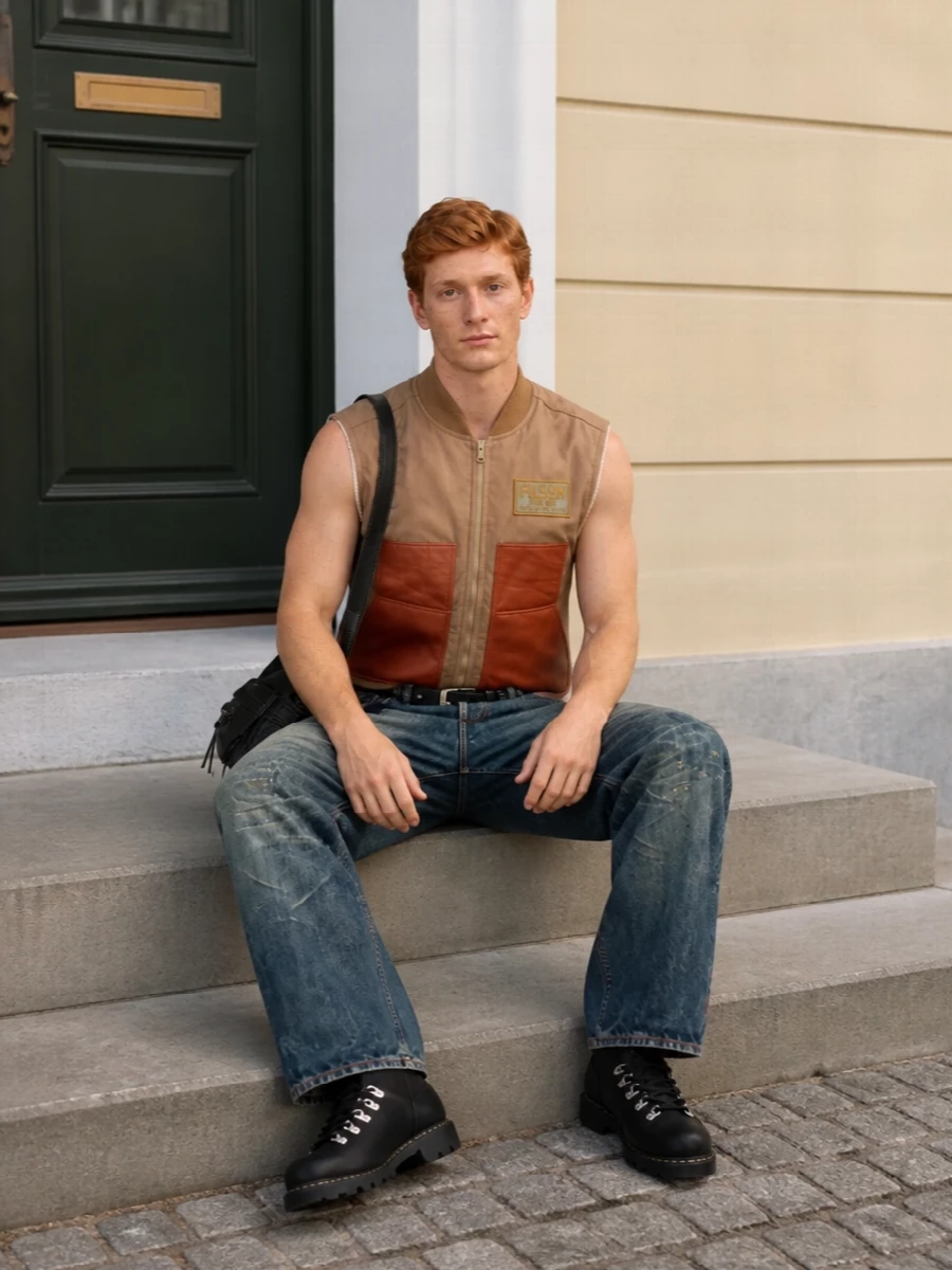 Junya watanabe utility denim outfit hiking boots