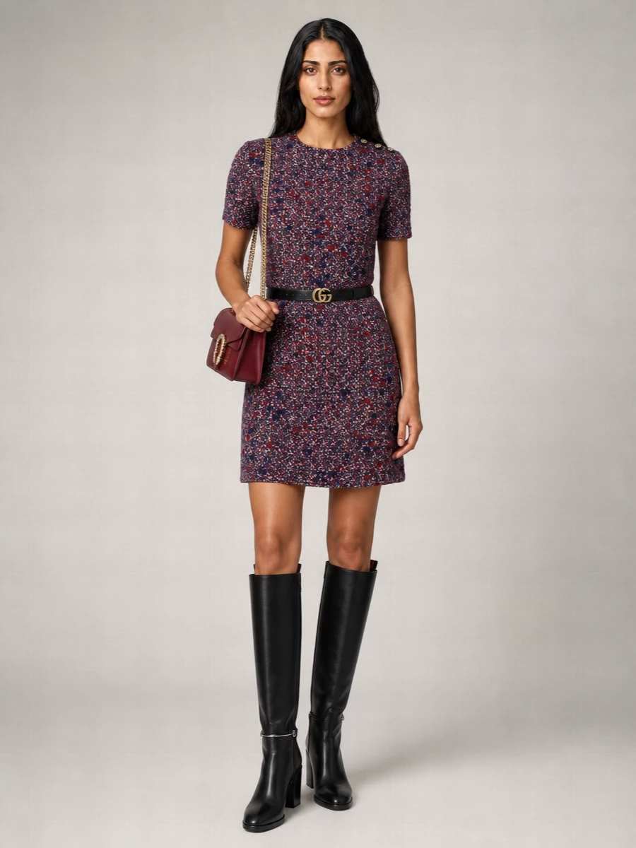 Gucci Wool Tweed Short-Sleeve Mini Dress