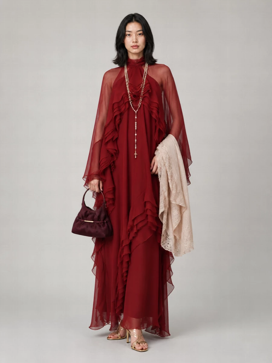Alberta Ferretti Silk Ruffled High Neck Long Sleeve Maxi Dress
