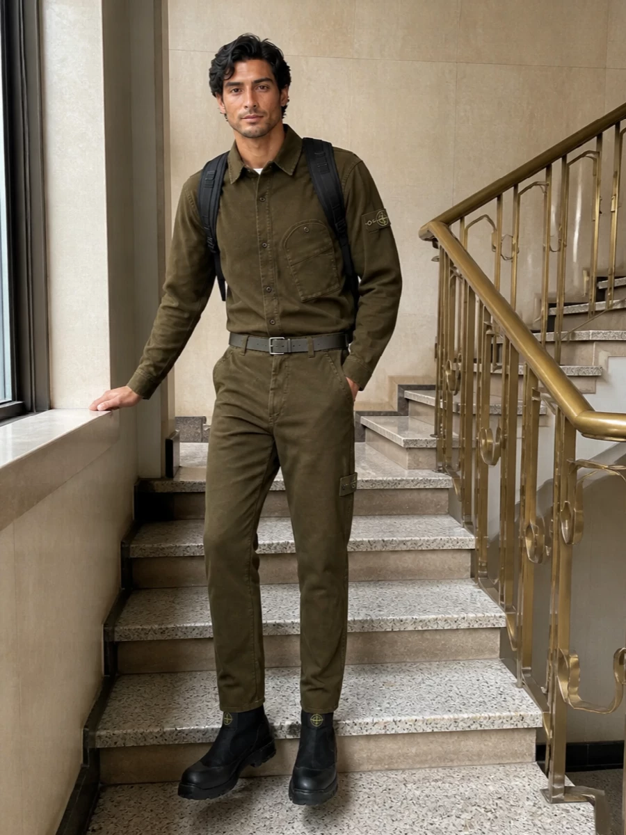 Stone island olive chinos field shirt boots