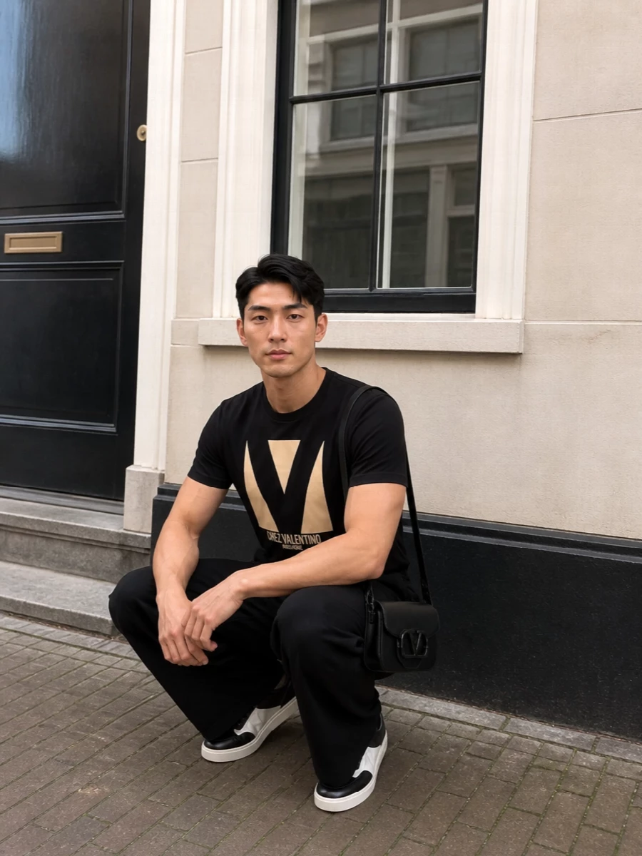 A graphic Valentino tee sits over fluid black wide-leg trousers for a clean, logo-led take on relaxed city dressing. Monochrome leather sneakers and a slim crossbody keep the lines sharp, while a discreet gold-buckled belt adds just enough structure and shine. The result is a modern, streetwear-leaning uniform that feels precise without looking overworked.