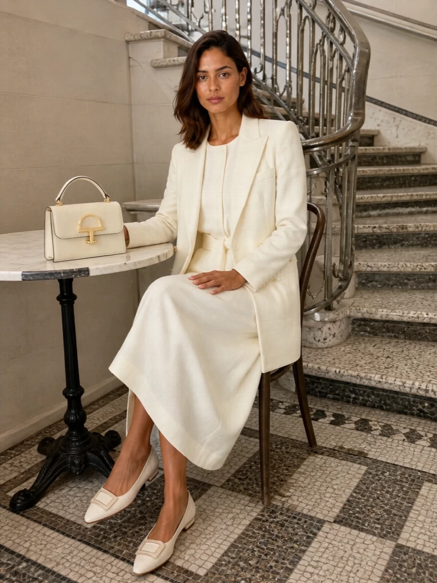 I am styling the Blazé Milano blazer over a tonal Max Mara ivory midi dress to create a long, uninterrupted column that feels quietly powerful yet soft. The Roger Vivier low-heel and compact Gucci bag keep everything in the same creamy, gold-accented family, so the focus stays on proportion and texture rather than contrast. It is an easy boardroom-to-dinner ensemble that reads considered from every angle without feeling overworked.